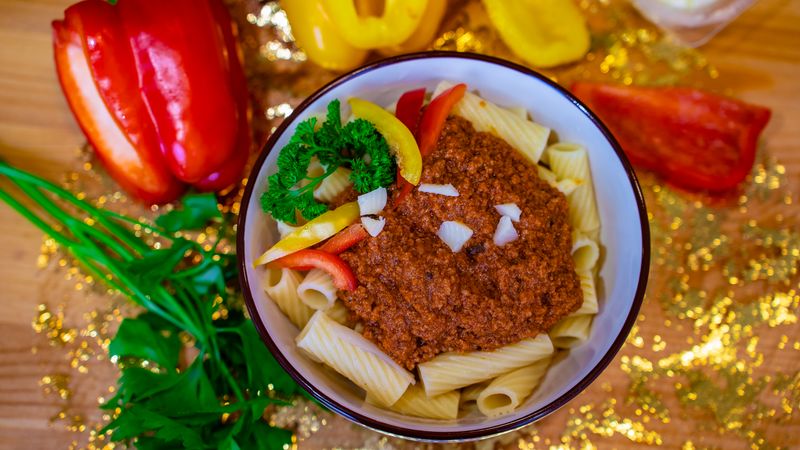 Rigatoni pasta with rich bolognese meat sauce
